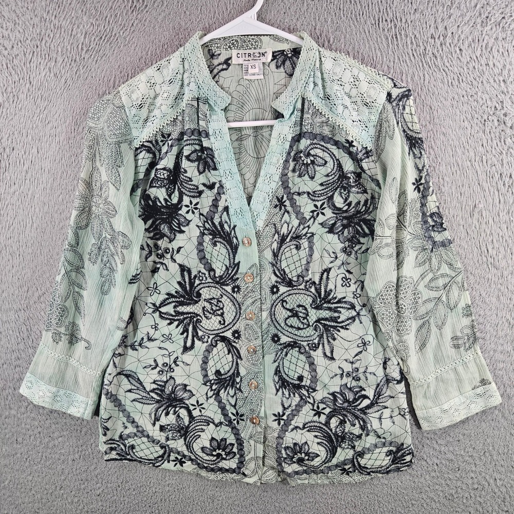 Citron Santa Monica Womens XS Silk Blend Lace Print Crochet Trim Blouse‎ Green